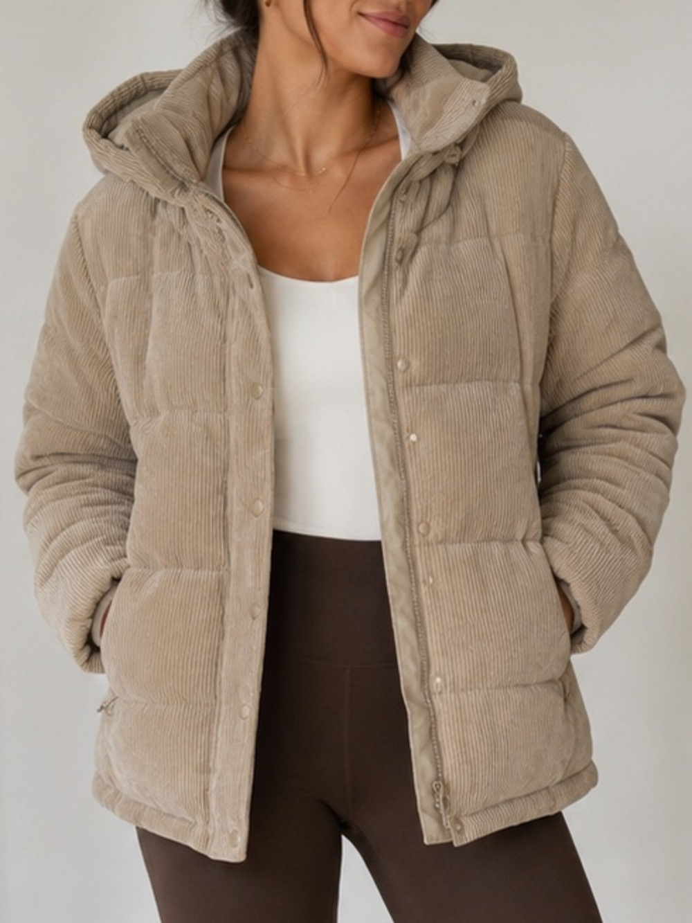 Ci Sono Corduroy Puffer Jacket Women’s XL Khaki Hooded Quilted Coat